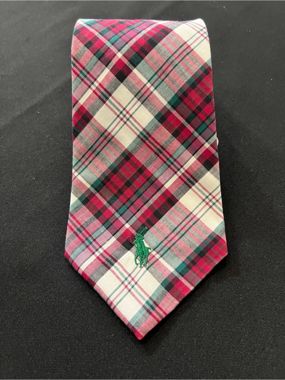 Polo by Ralph Lauren Red Green Plaid Cotton Tie with Green Pony Vintage USA Made